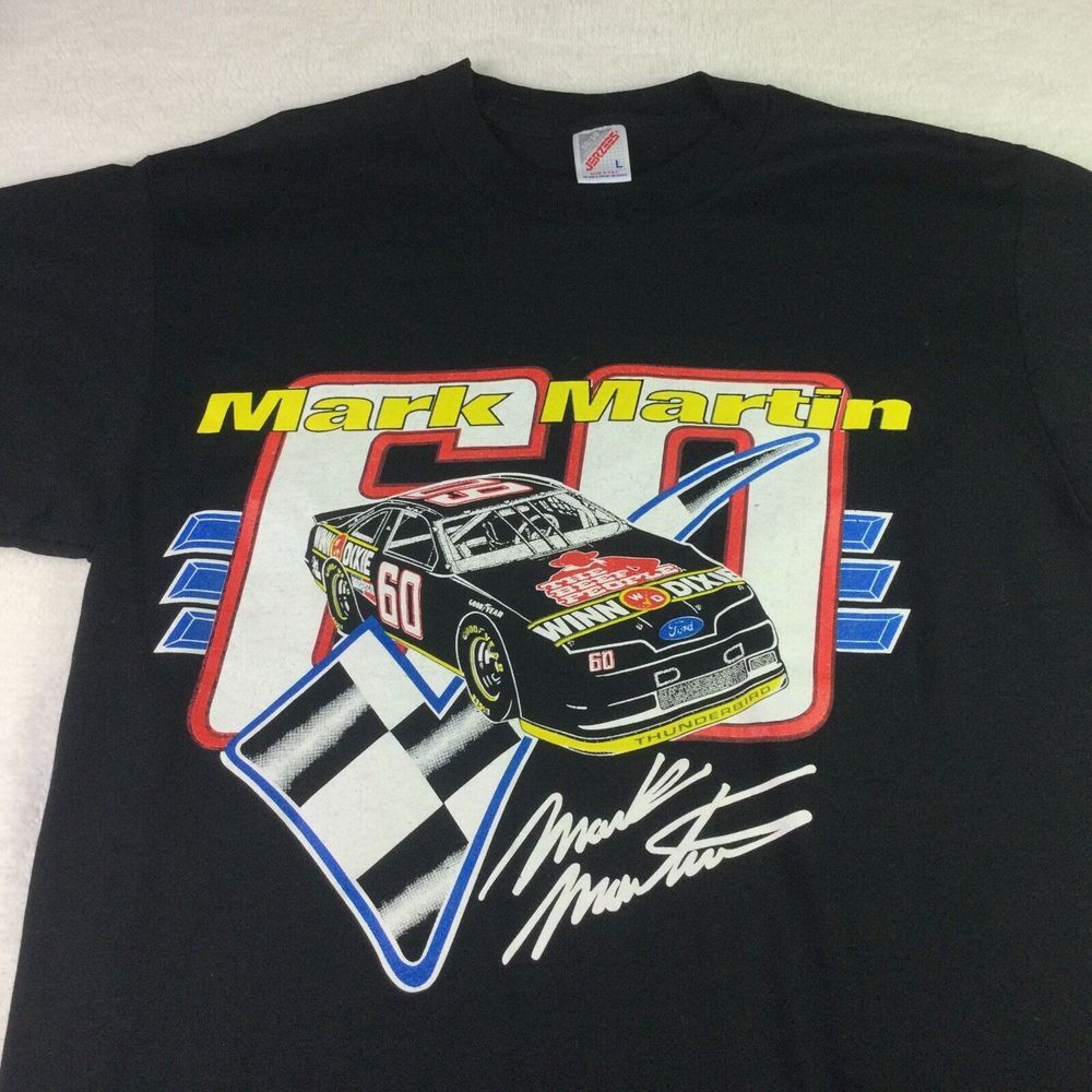 Vintage NASCAR Jerzees Mark Martin #60 T Shirt Mens Sz L Black Graphic Logo USA